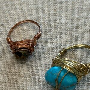 Handcrafted Copper and Gold Wire Rings with Turquoise and Black Stones